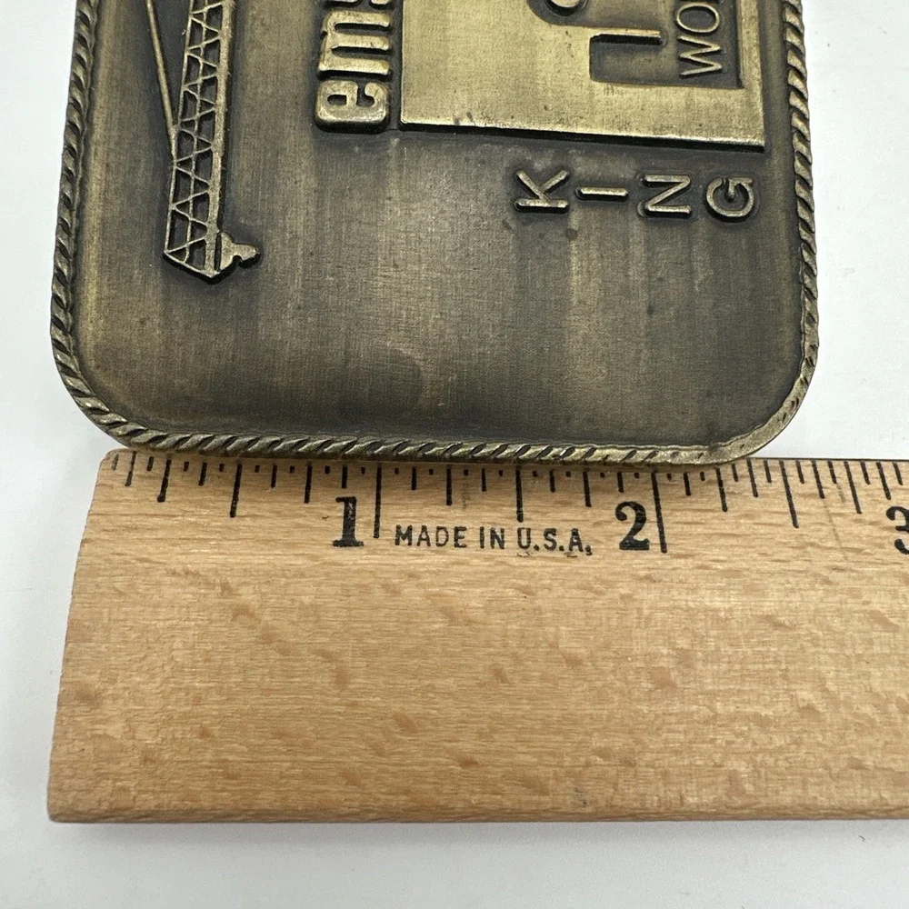 Vintage Emscor Wolff King Atlas Brass Belt Buckle Houston TX Construction Crane
